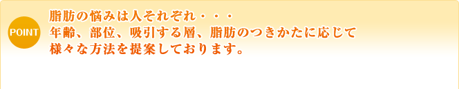 脂肪の悩みは人それぞれ・・・年齢、部位、吸引する層、脂肪のつきかたに応じて様々な方法を提案しております。