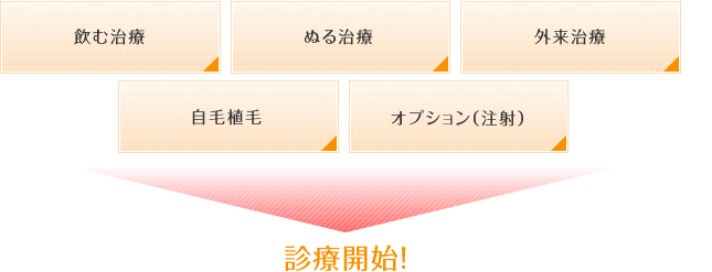 飲む治療・塗る治療・外来治療・自毛植毛・オプション(注射)→診療開始!