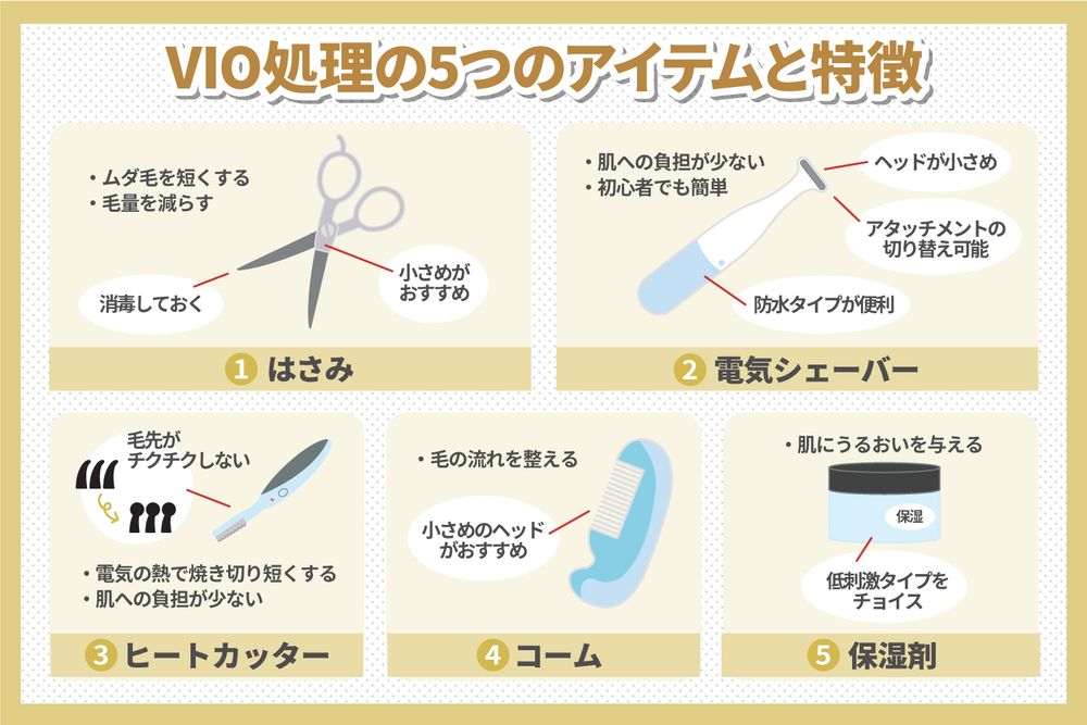 VIO処理に使う5つのアイテム。はさみ、電気シェーバー、ヒートカッター、コーム、保湿剤の特徴