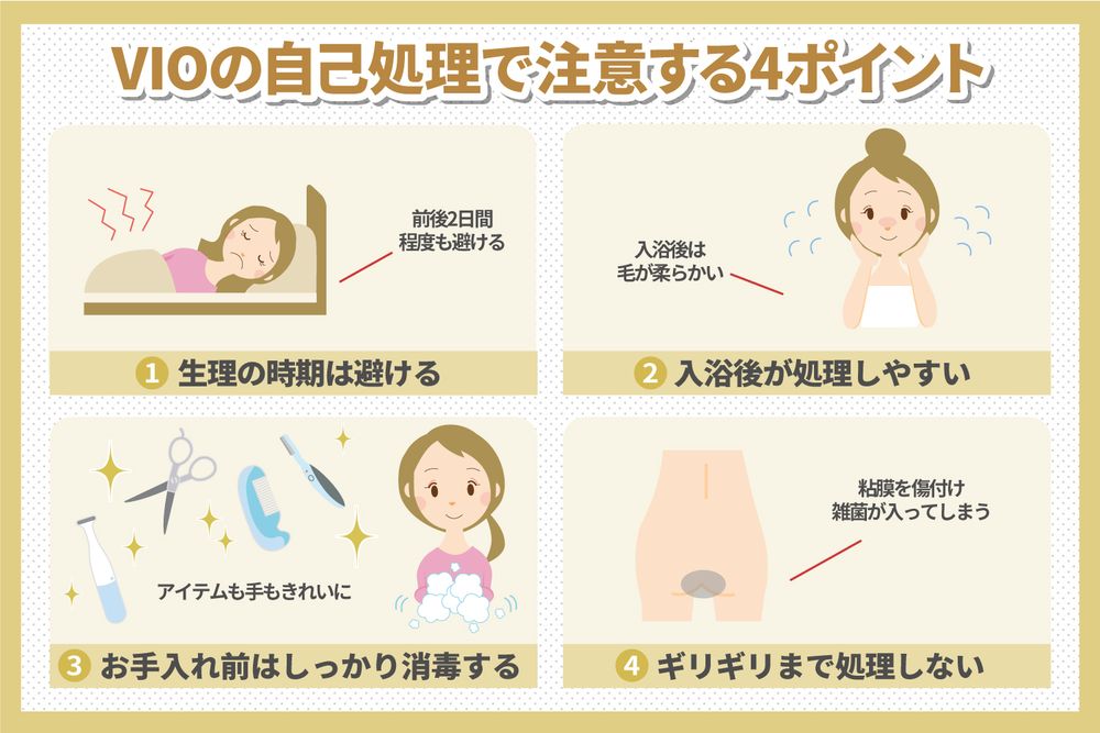 VIOの自己処理で注意する4ポイント。生理の時期は避ける、入浴後が処理しやすい、お手入れ前はしっかり消毒する、ギリギリまで処理しない