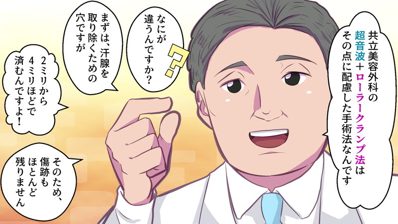 ローラークランプ法の傷跡を説明する医師