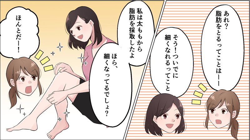 太ももから脂肪を採取したことを説明する女性
