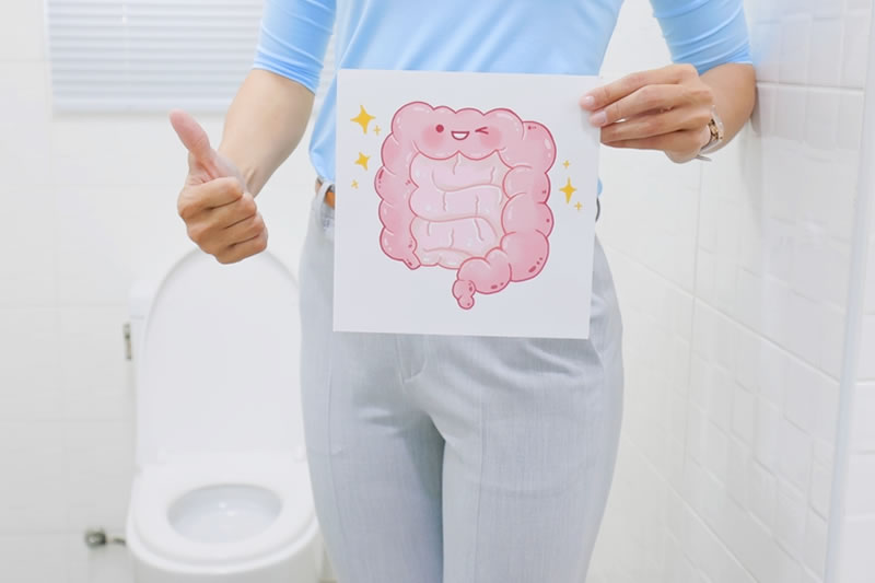 腸のイラストを持っている女性