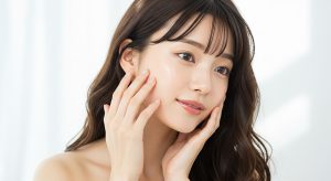 頬に手を添える女性の顔のクローズアップ。肌のハリ・うるおい・キメを整える肌育のイメージ
